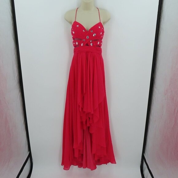 Cache Womens 2 Bright Pink Pleated Rhinestone Cutout Mesh Hi Low Dress Formal - Picture 11 of 11